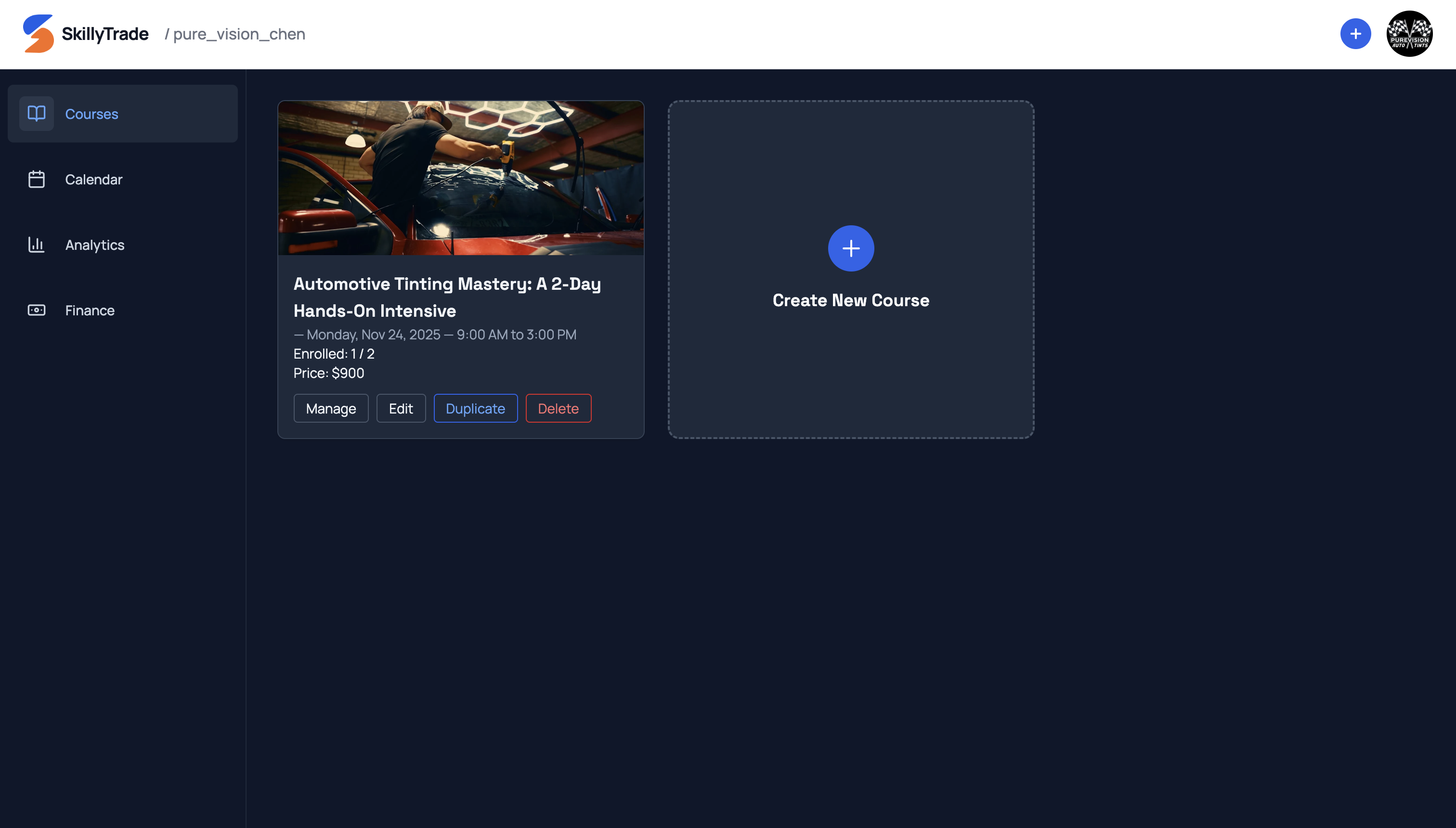 Dashboard overview — courses and sessions